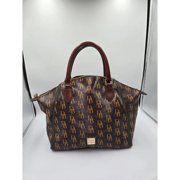 Dooney & Bourke Monogram Satchel Bag Brown Gold DB‎ Logo 1975 Leather Trim - Picture 11 of 11